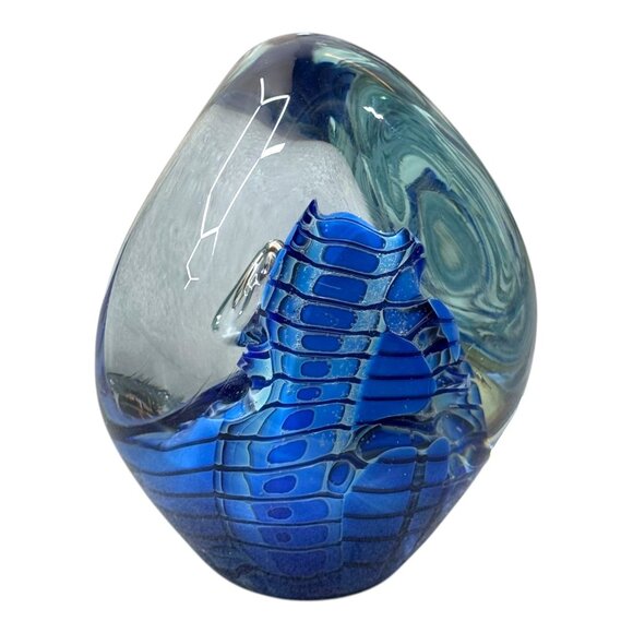Blue Black Swirl Robert Eickholt Art Glass Blue Swirl Paperweight Signed 2000 - Picture 2 of 7